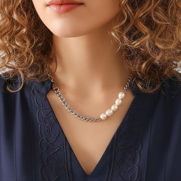 ποΈPadlock Freshwater Pearl 18K White Gold Plated Stainless Steel Necklace - Picture 1 of 15